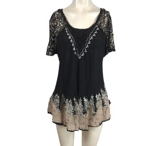 Sakkas Womens Black Lace Embroidered Batik Tunic Top Free Size Boho Lace-Up
